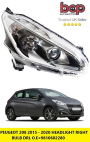 PEUGEOT 208 2015 - 2020  HEADLIGHT HEADLAMP RIGHT DRIVER SIDE 9810602280 46637