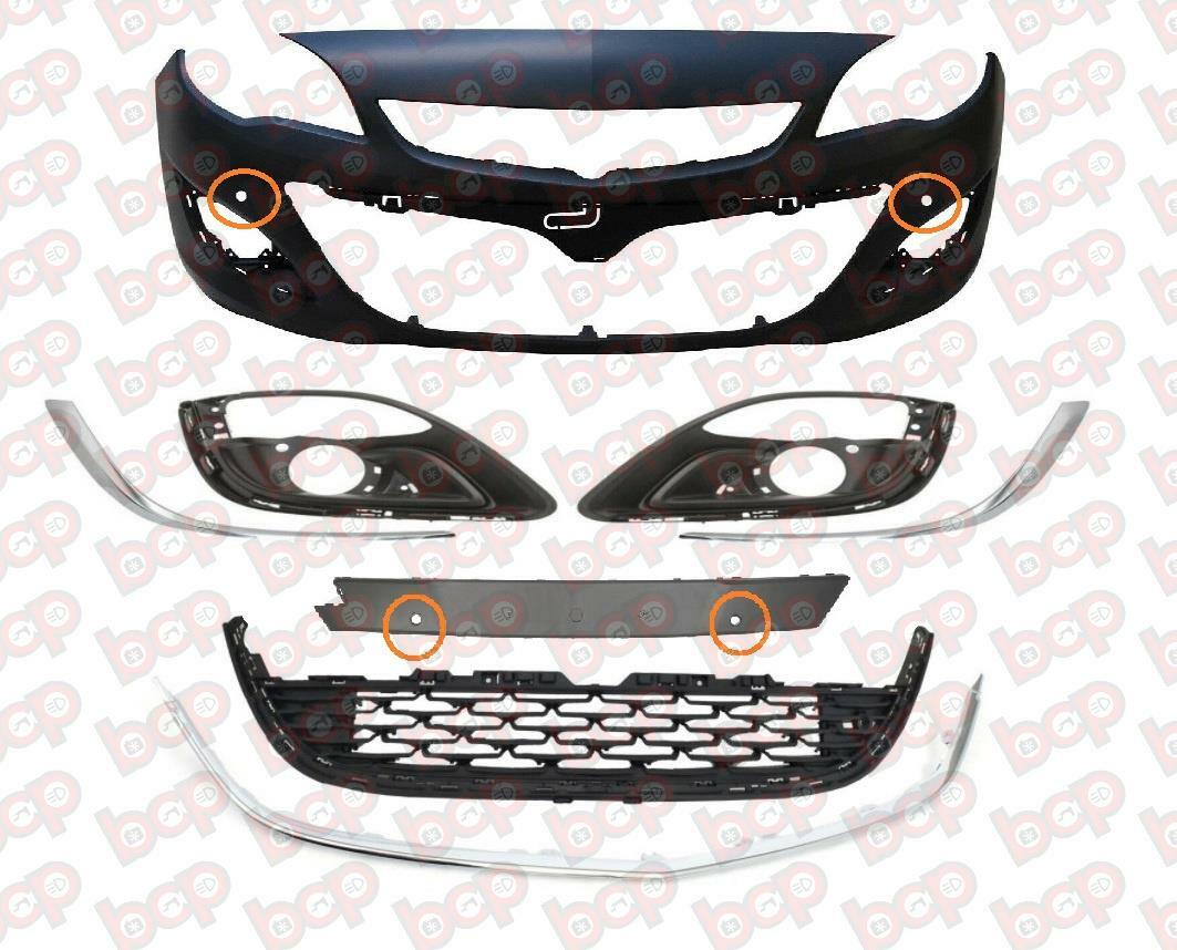 VAUXHALL ASTRA J FRONT BUMPER COMPLETE KIT WITH GRILLES AND SENSORS 2012 - 2015