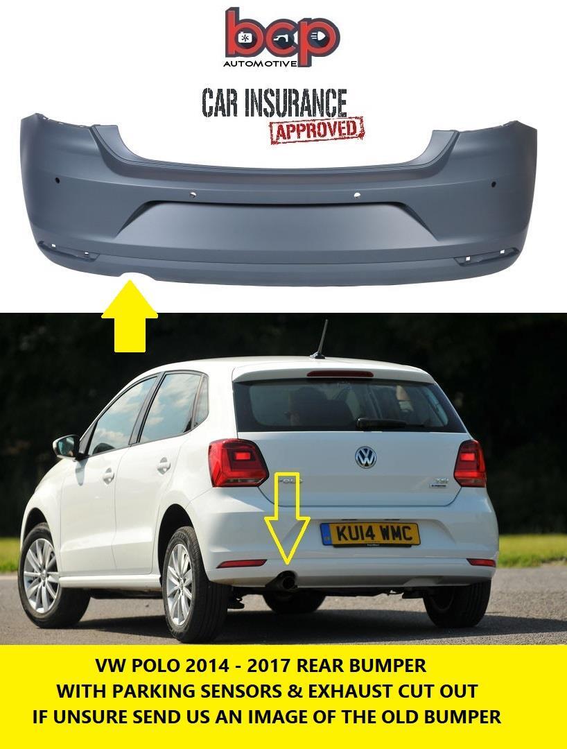 VW POLO 2014 – 2017 REAR BUMPER PRIMED WITH PARKING SENSOR EXHAUST CUT OUT TYPE