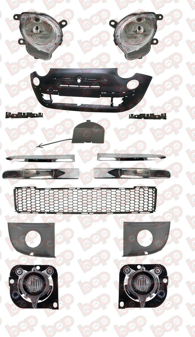 FIAT 500 FRONT BUMPER COMPLETE KIT 2007 - 2015 BLACK WITH HEADLIGHTS AND FOGS