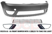 FORD FIESTA FRONT BUMPER MK6 2002 - 2005 PRIMED WITH 3 GRILLES WITH FOG HOLES