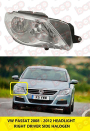 VW PASSAT CC 2008 – 2012 HEADLAMP RIGHT DRIVERS SIDE HALOGEN OFFSIDE O/S
