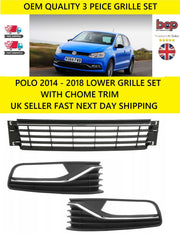 VW POLO 2014 – 2017 FRONT BUMPER GRILLE SET LEFT & RIGHT & LOWER WITH CHROME NEW
