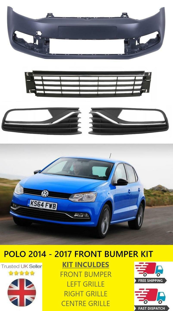 VW POLO 2014 - 2018 FRONT BUMPER PRIMED WITH 3 LOWER GRILLES INSURANCE APPROVED