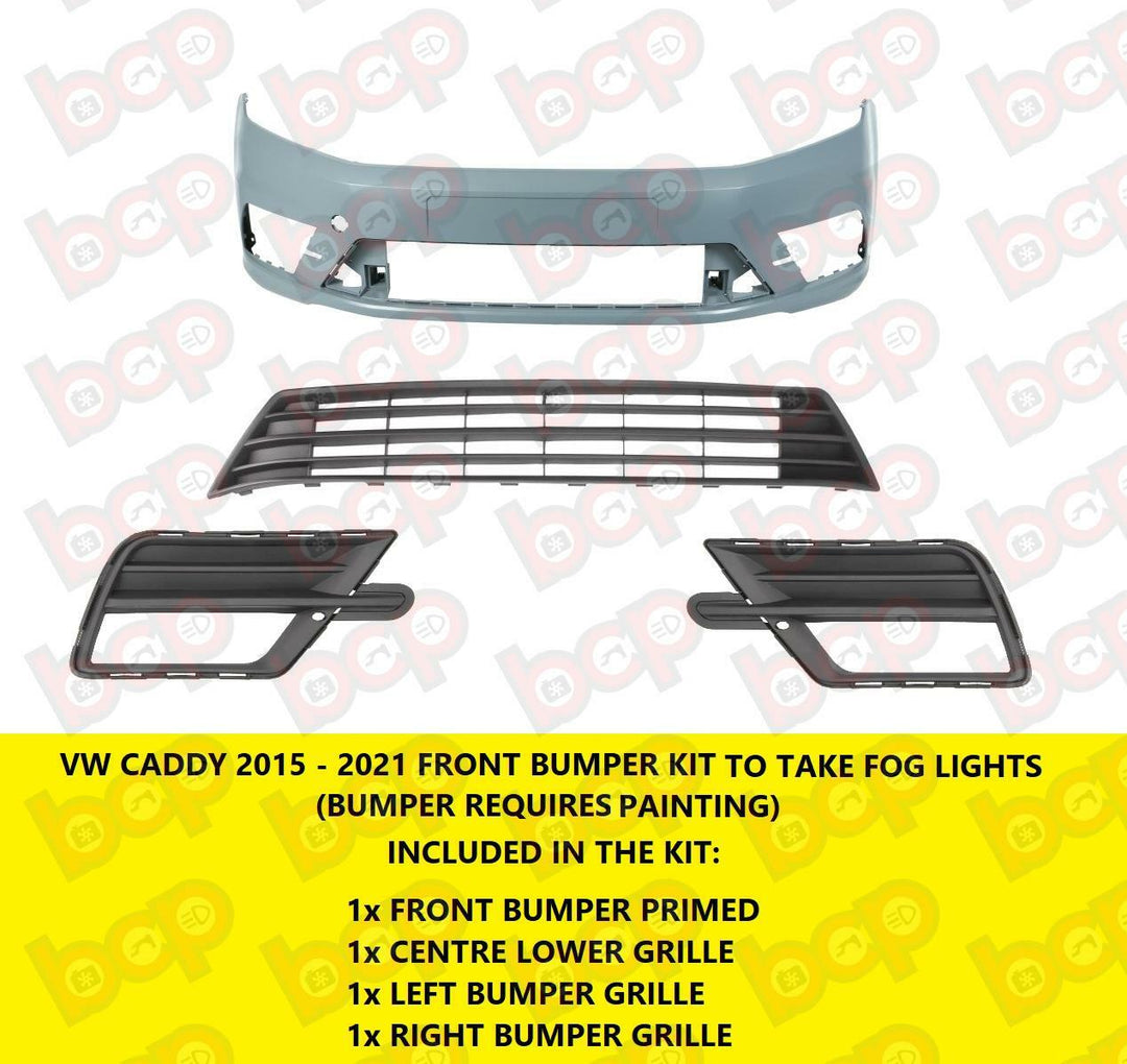 VW CADDY 2015 - 2021 FRONT BUMPER PRIMED WITH LOWER GRILLES WITH FOG HOLES NEW