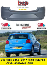VW POLO 6R 2014 – 2017 REAR BUMPER PRIMED INSURANCE APPROVED 6C6807421GRU