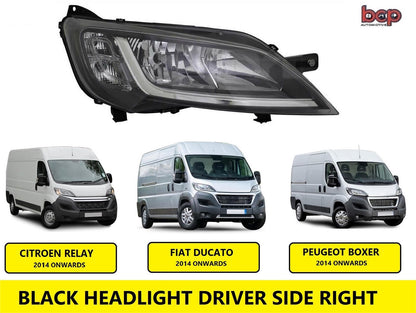 PEUGEOT BOXER HEADLIGHT BLACK 2014 ON HEADLAMP RIGHT DRIVER SIDE HALOGEN NO LED