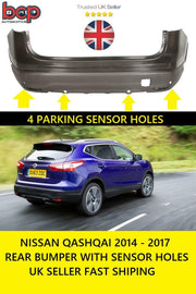 FOR NISSAN QASHQAI 2014 - 2017 REAR BUMPER PRIMED STANDARD MODELS WITH SENSOR HOLES