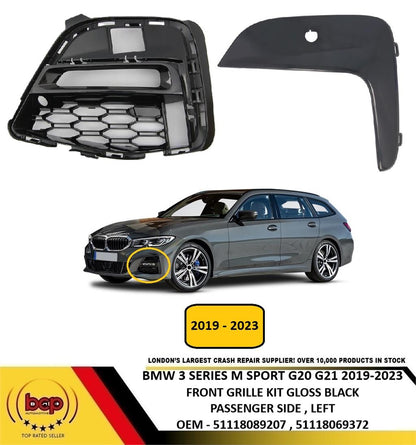 BMW 3 SERIES M SPORT G20 G21 2019 – 2023 FRONT FOG GRILLE KIT GLOSS BLACK LEFT