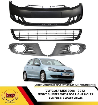 VW GOLF MK6 2008-2013 FRONT BUMPER KIT WITH ALL 3 LOWER GRILLES FOG TYPE