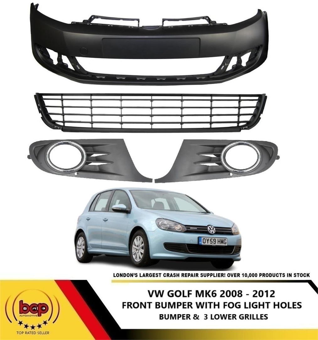 VW GOLF MK6 2008-2013 FRONT BUMPER KIT WITH ALL 3 LOWER GRILLES FOG TYPE