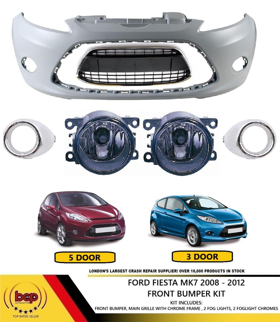 FORD FIESTA MK7 2008 - 2012 FRONT BUMPER COMPLETE ALL GRILLES CHROME & FOGS NEW