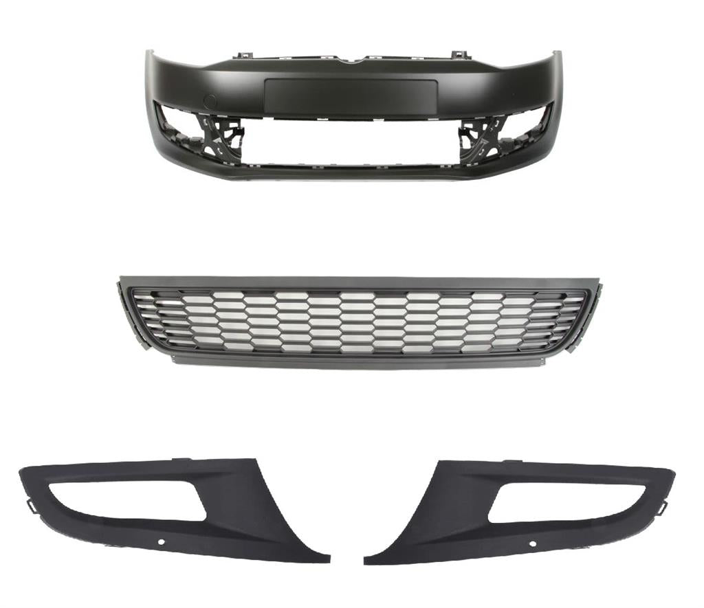 VW POLO 6R 2009 - 2014 FRONT BUMPER KIT PRIMED WITH 3 LOWER GRILLES FOG TYPE