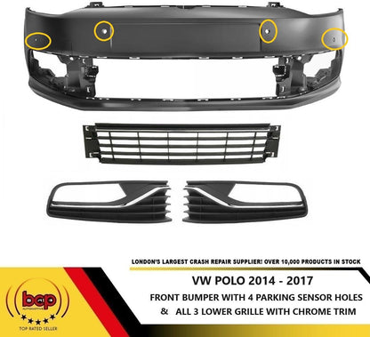 VW POLO 2014 - 2018 FRONT BUMPER WITH 3 LOWER GRILLES 4 PARKING SENSOR HOLES