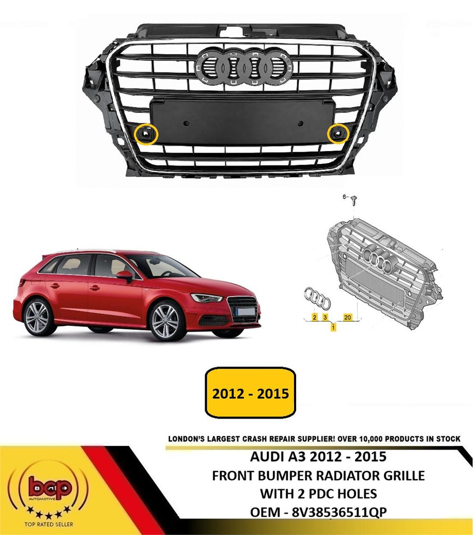AUDI A3 2012 - 2016 SPORT FRONT RADIATOR GRILLE WITH 2 PDC HOLES 8V38536511QP