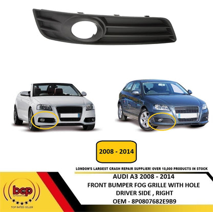 AUDI A3 2008 – 2014 FRONT BUMPER FOG LIGHT GRILLE BLACK WITH HOLE DRIVER RIGHT