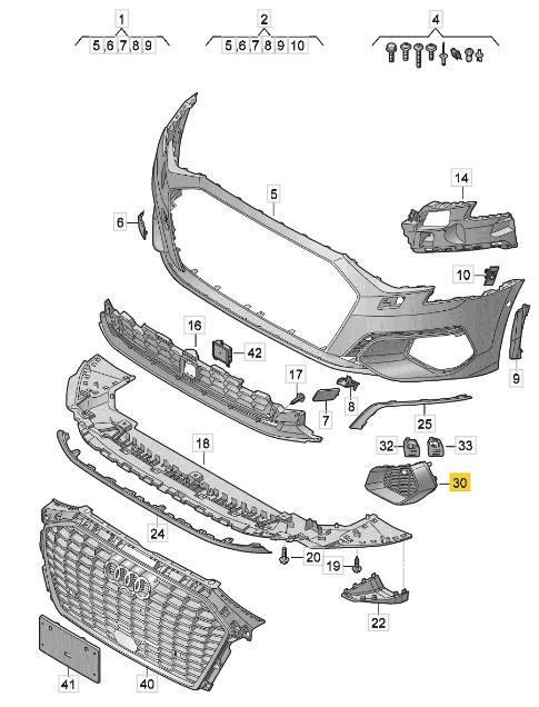 AUDI A3 2020-2024 FRONT BUMPER GRILLE WITH SILVER FRAME AND PDC DRIVER RIGHT NEW