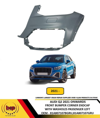 AUDI Q2 2021 ON FRONT BUMPER CORNER END CAP PRIMED NO PDC HOLES PASSENGER LEFT
