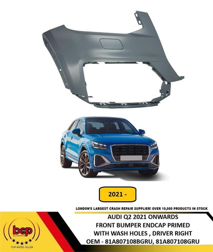 AUDI Q2 2021 ON FRONT BUMPER CORNER END CAP PRIMED NO PDC HOLES DRIVER RIGHT