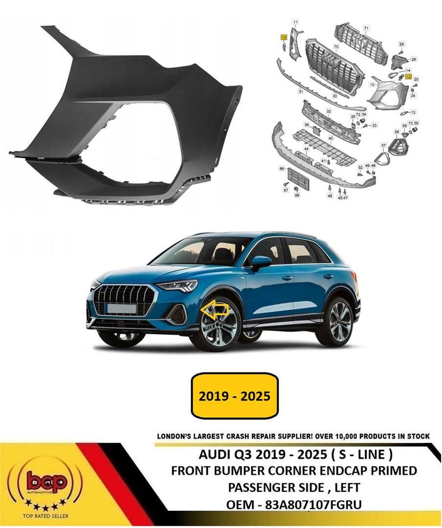 AUDI Q3 2019 - 2025 S - LINE FRONT BUMPER END CAP CORNER PRIMED 83A807107FGRU