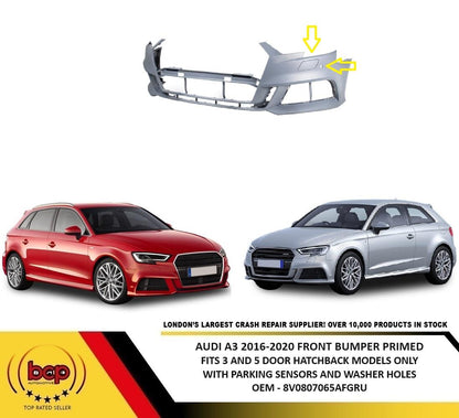 AUDI A3 2016 – 2020 FRONT BUMPER WITH PARKING SENSORS AND WASHER HOLE SLINE ONLY