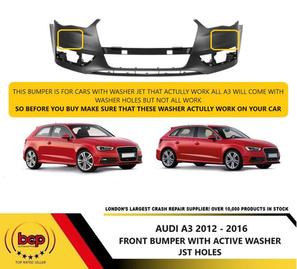 AUDI A3 2012 - 2016 FRONT BUMPER WITH ACTIVE WASHER JET NO SENSORS