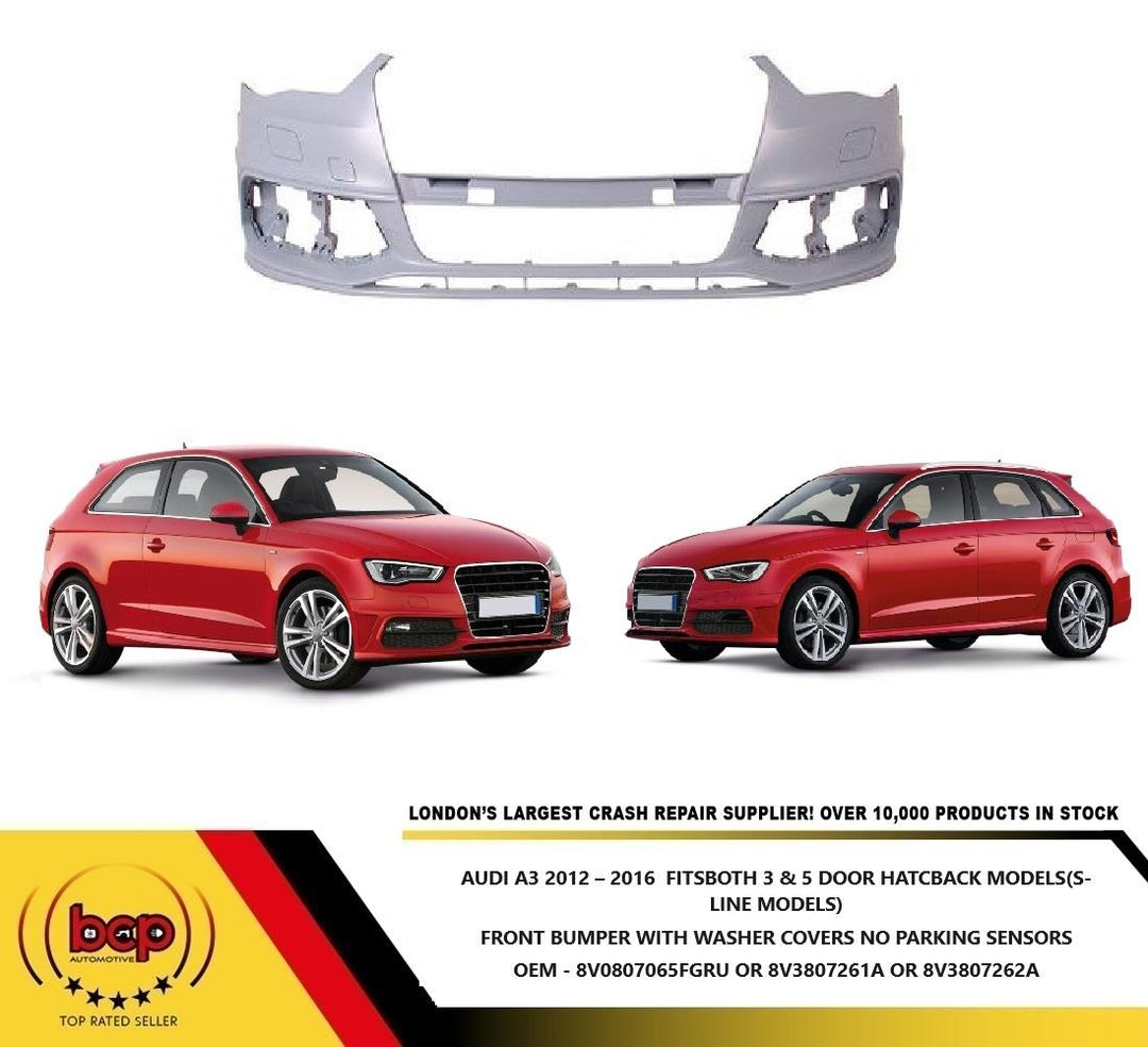 AUDI A3 2012 – 2016 FRONT BUMPER S LINE WITH WASHER JET NO PARKING SENSORS