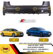 AUDI A4 2015 – 2019 REAR BUMPER PRIMED WITH PARKING SENSOR HOLES S-LINE MODELS
