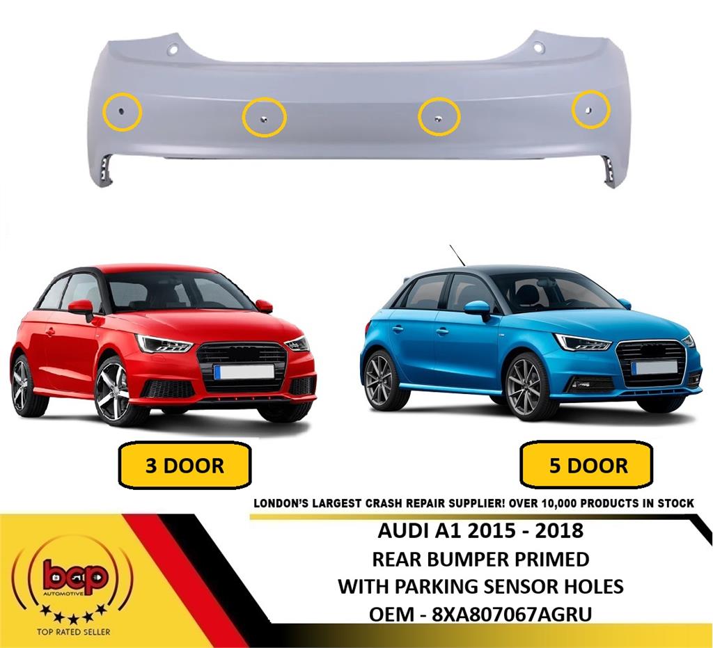 AUDI A1 2015 – 2018 REAR BUMPER PRIMED WITH PARKING SENSOR HOLES NEW