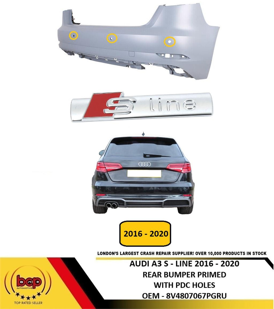 AUDI A3 2016 – 2020 S - LINE REAR BUMPER PRIMED WITH PARKING SENSOR HOLES