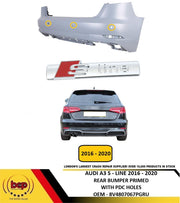 AUDI A3 2016 – 2020 S - LINE REAR BUMPER PRIMED WITH PARKING SENSOR HOLES