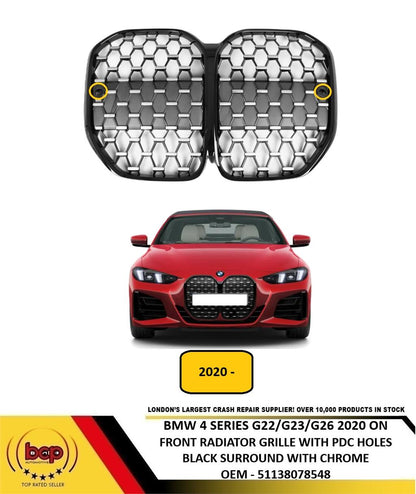 BMW 4 SERIES G22 G23 G26 2020 ON MAIN KIDNEY GRILLE BLACK & CHROME WITH PDC HOLE