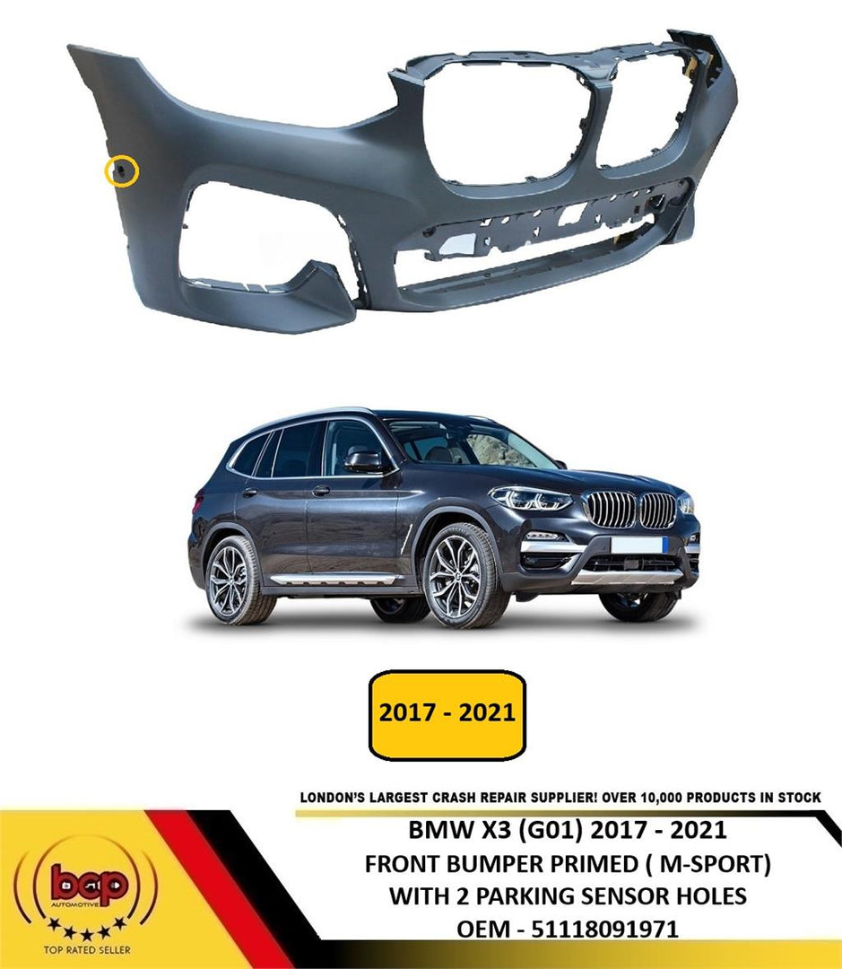 BMW X3 G01 2017 - 2021 FRONT BUMPER PRIMED WITH 2 PARKING SENSOR HOLES M SPORT