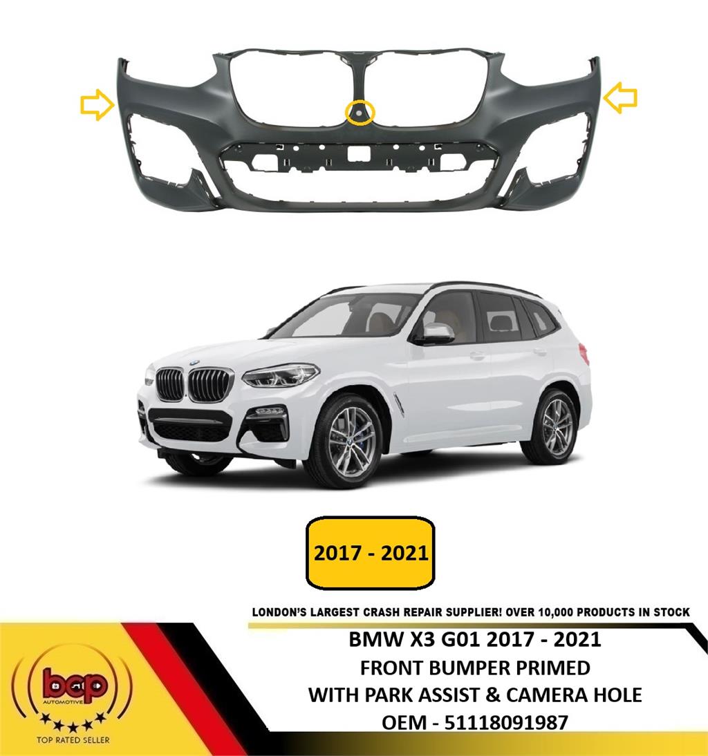 BMW X3 G01 M SPORT 2017 - 2021 FRONT BUMPER PRIMED PARK ASSIST AND CAMERA HOLE