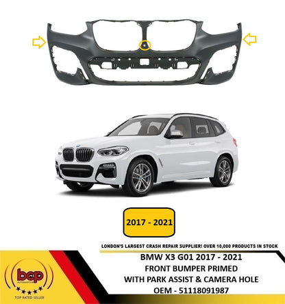 BMW X3 G01 M SPORT 2017 - 2021 FRONT BUMPER PRIMED PARK ASSIST AND CAMERA HOLE