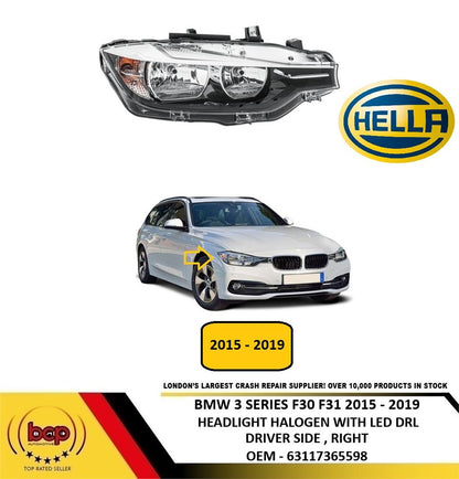 BMW 3 SERIES F30 F31 2015 - 2019 HALOGEN HEADLIGHT LED DRL DRIVER RIGHT HELLA