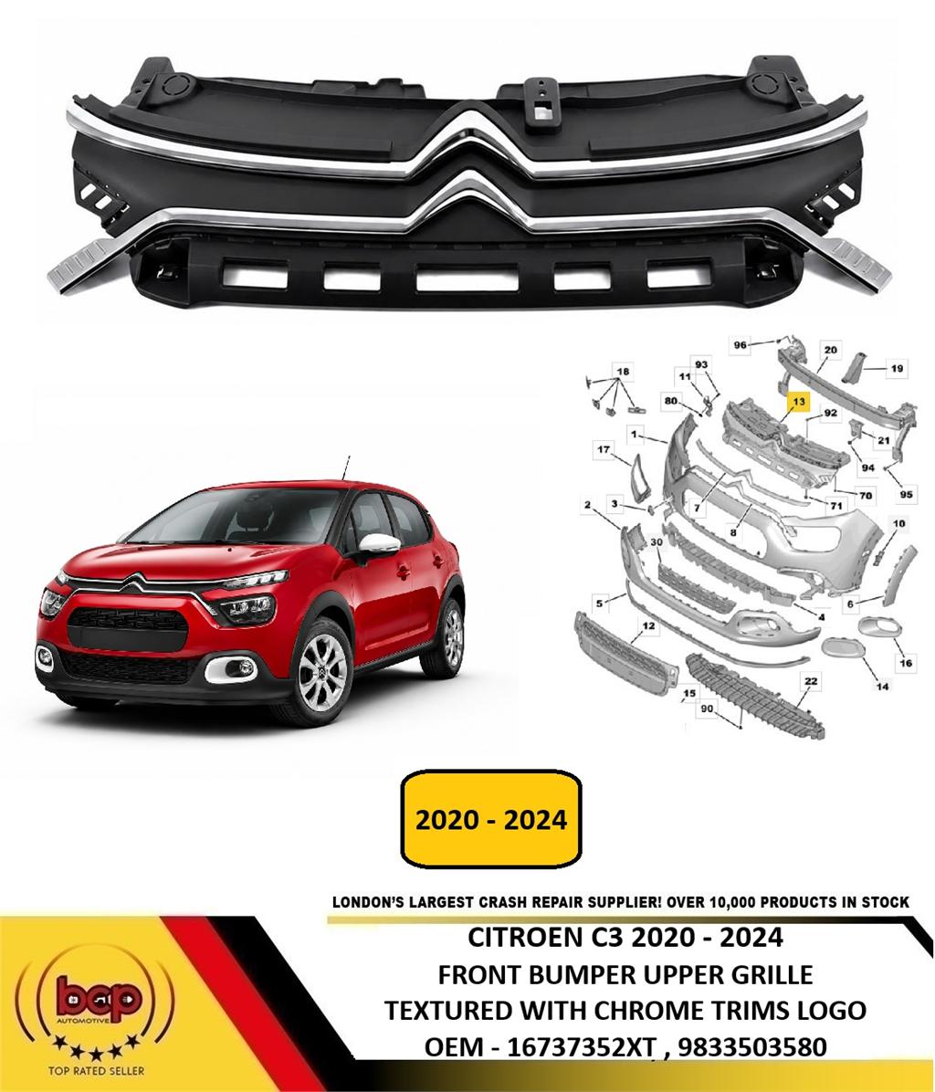 CITROEN C3 2020 - 2024 FRONT BUMPER UPPER GRILLE KIT WITH CHROME CHEVRONS BADGE