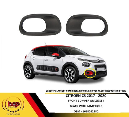 CITROEN C3 2017 – 2020 FRONT BUMPER GRILLE SET BLACK WITH FOG HOLE LEFT & RIGHT