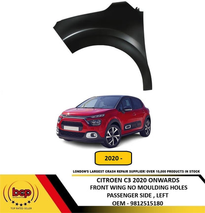 CITROEN C3 2020 ONWARDS FRONT WING LEFT PASSENGER SIDE NO WHEEL ARCH TRIM HOLES