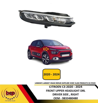 CITROEN C3 2020 -2024 FRONT UPPER HEADLIGHT DRL CHROME DRIVER RIGHT 9833480480
