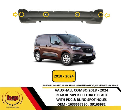 VAUXHALL COMBO 2018 - 2024 REAR BUMPER BLACK WITH PDC AND BLIND SPOT DETECTION