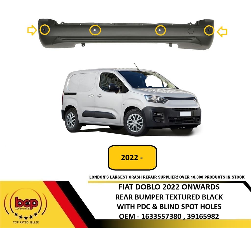 FIAT DOBLO 2022 ONWARDS REAR BUMPER BLACK WITH PDC AND BLIND SPOT DETECTION HOLE