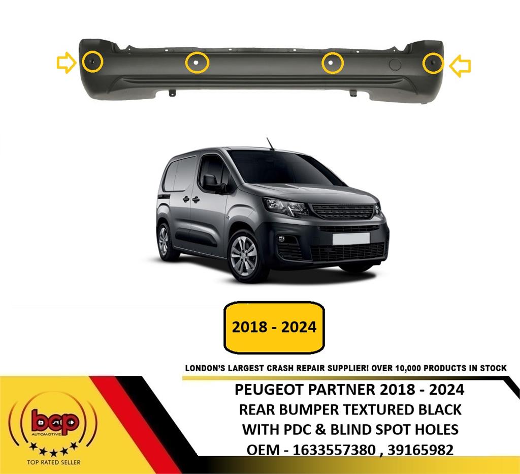 PEUGEOT PARTNER 2018 - 2024 REAR BUMPER BLACK WITH PDC AND BLIND SPOT DETECTION