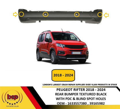 PEUGEOT RIFTER 2018 - 2024 REAR BUMPER BLACK WITH PDC AND BLIND SPOT DETECTION