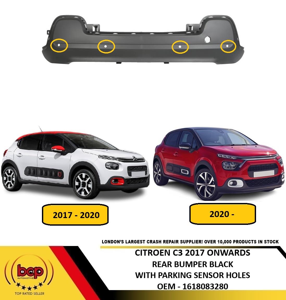CITROEN C3 2020 - 2024 REAR BUMPER BLACK WITH PARKING SENSOR HOLES NEW