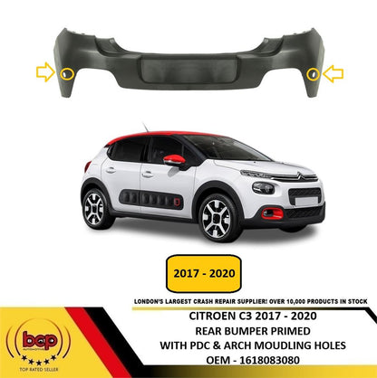 CITROEN C3 2017 - 2020 REAR BUMPER UPPER PRIMED WITH PDC HOLES AND ARCH HOLES