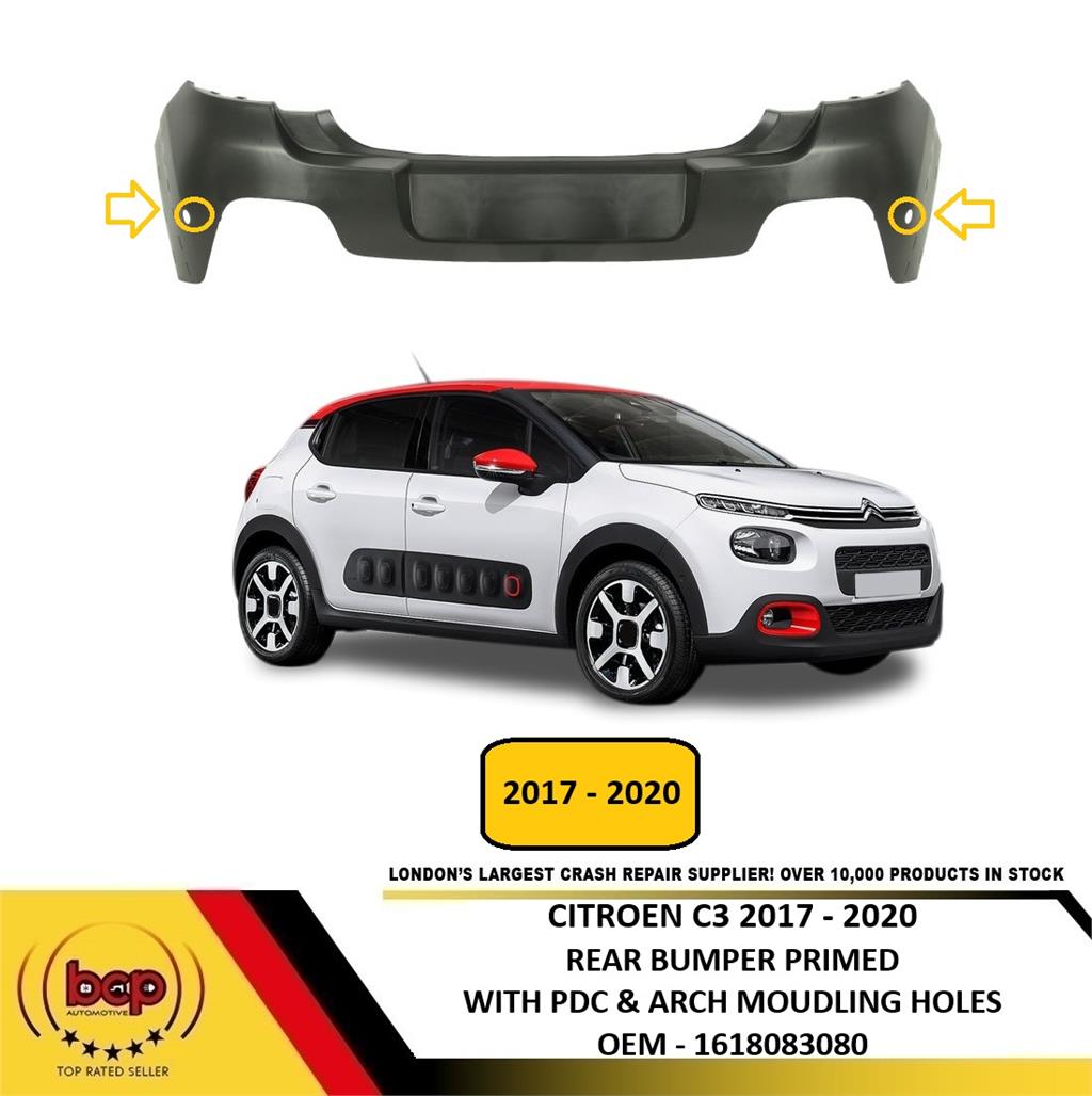 CITROEN C3 2017 - 2020 REAR BUMPER UPPER PRIMED WITH PDC HOLES AND ARCH HOLES