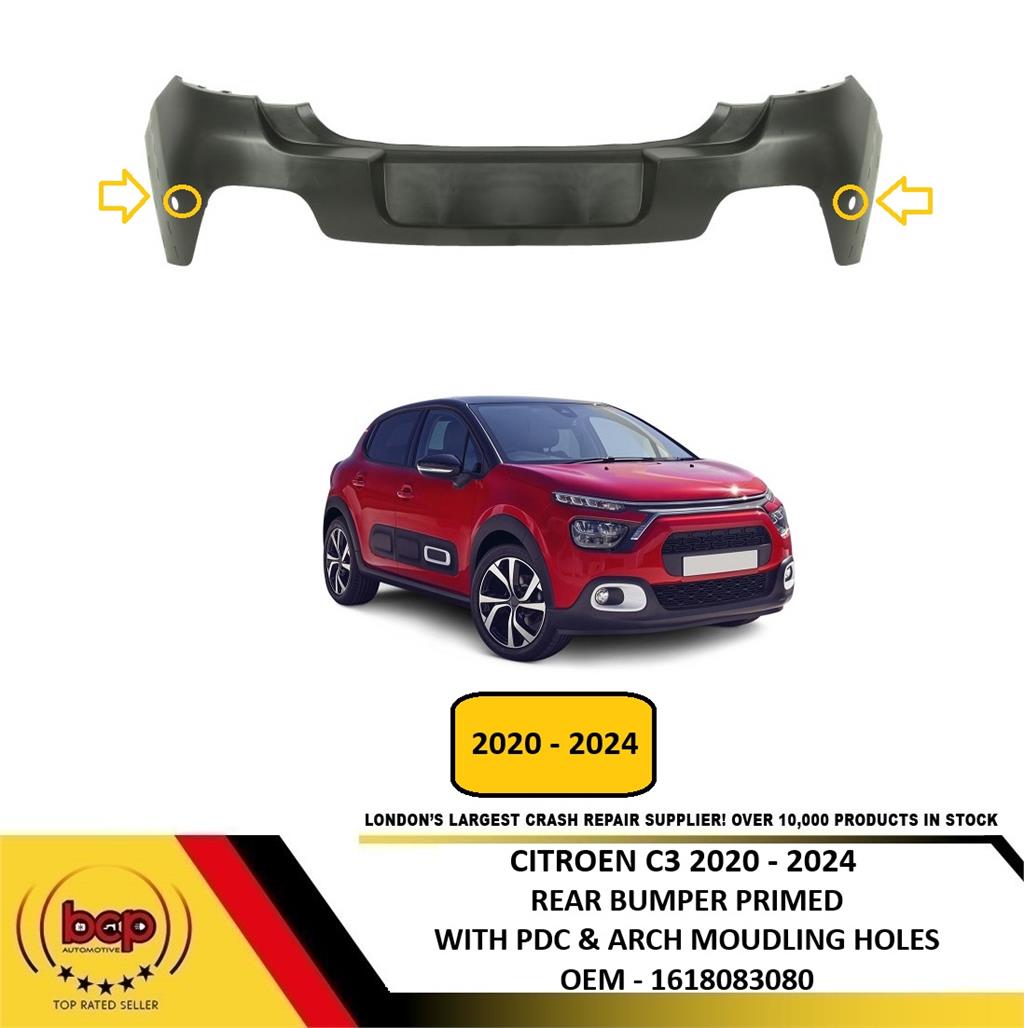 CITROEN C3 2020 - 2024 REAR BUMPER UPPER PRIMED WITH PDC HOLES AND ARCH HOLES