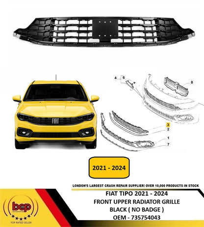 FIAT TIPO 2021 - 2024 FRONT UPPER MAIN RADIATOR GRILLE BLACK NO BADGE 735754043