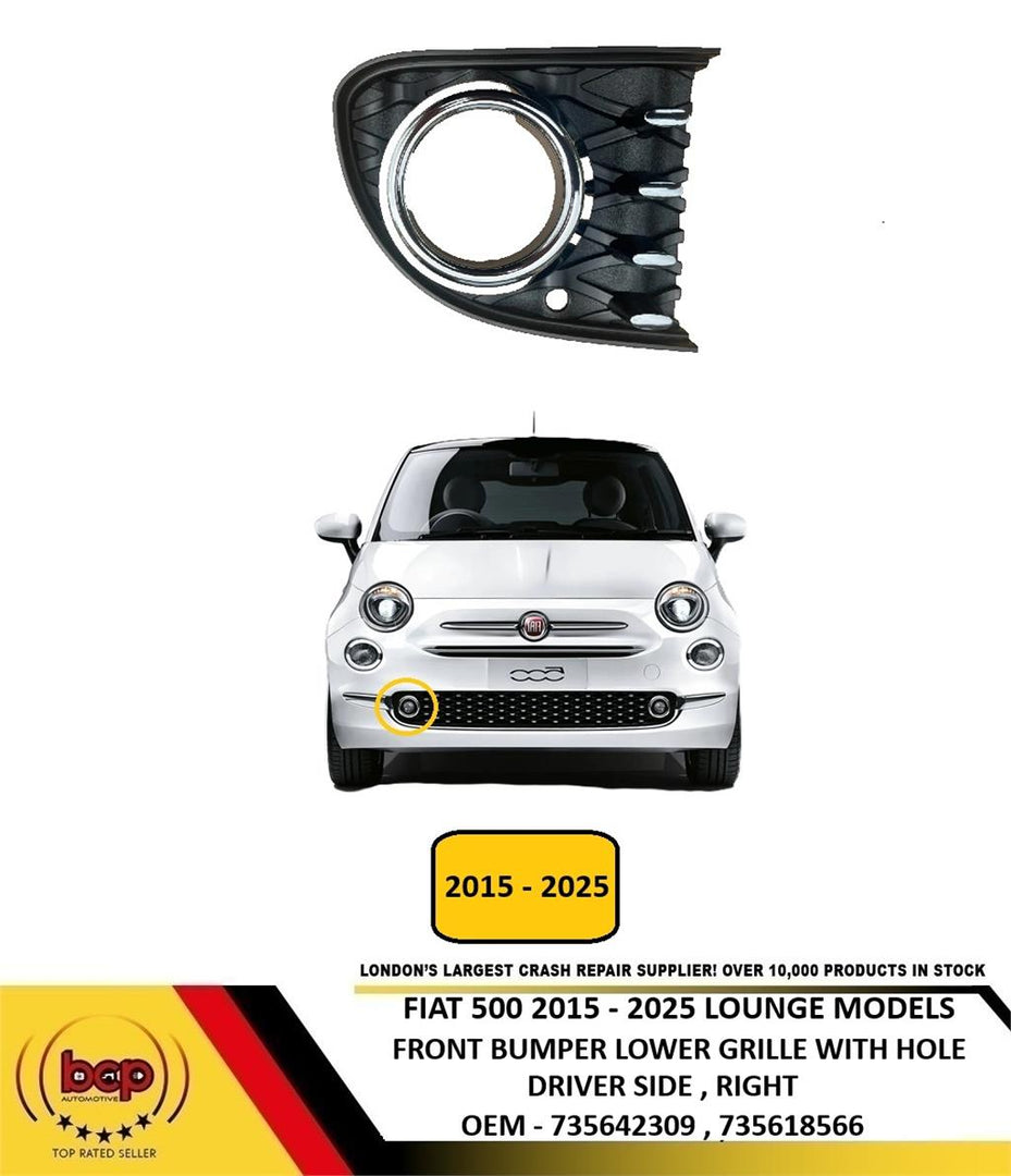 FIAT 500 2015 - 2025 FRONT BUMPER GRILLE WITH HOLE DRIVER SIDE LOUNGE MODEL